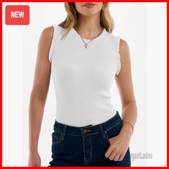 Ribbed Viscose Tank Top Crew Neck Ruffle Business Casual Summer - Picture 2 of 7